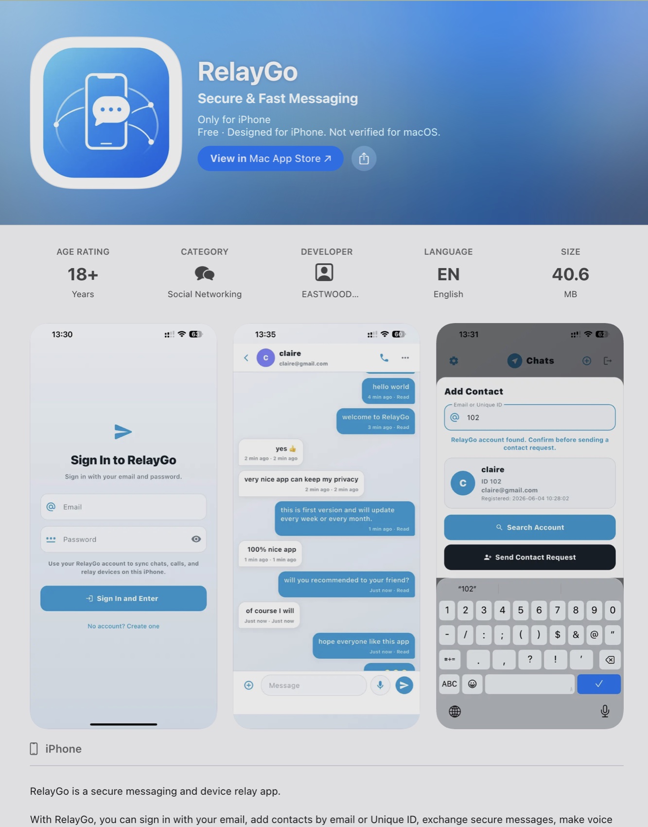 RelayGo App Store listing and iPhone app screenshots